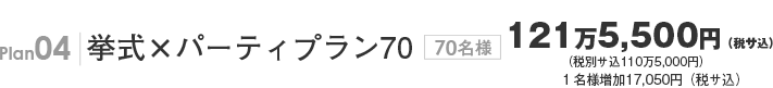 Plan04 挙式×パーティプラン70 70名様110万5,000円(サ込税別) 1名様追加15,500円(サ込税別)