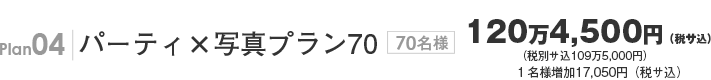 Plan04 パーティ×写真プラン70 70名様109万5,000円(サ込税別) 1名様追加15,500円(サ込税別)