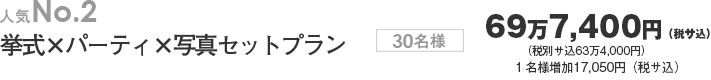 人気NO.2 挙式×パーティ×写真セットプラン30 30名様63万4,000円(サ込税別) 1名様追加15,500円(サ込税別)